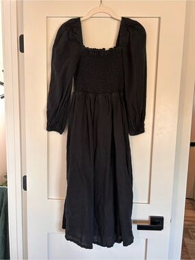 J. Crew Black Smocked Midi Dress with Puff Long Sleeves